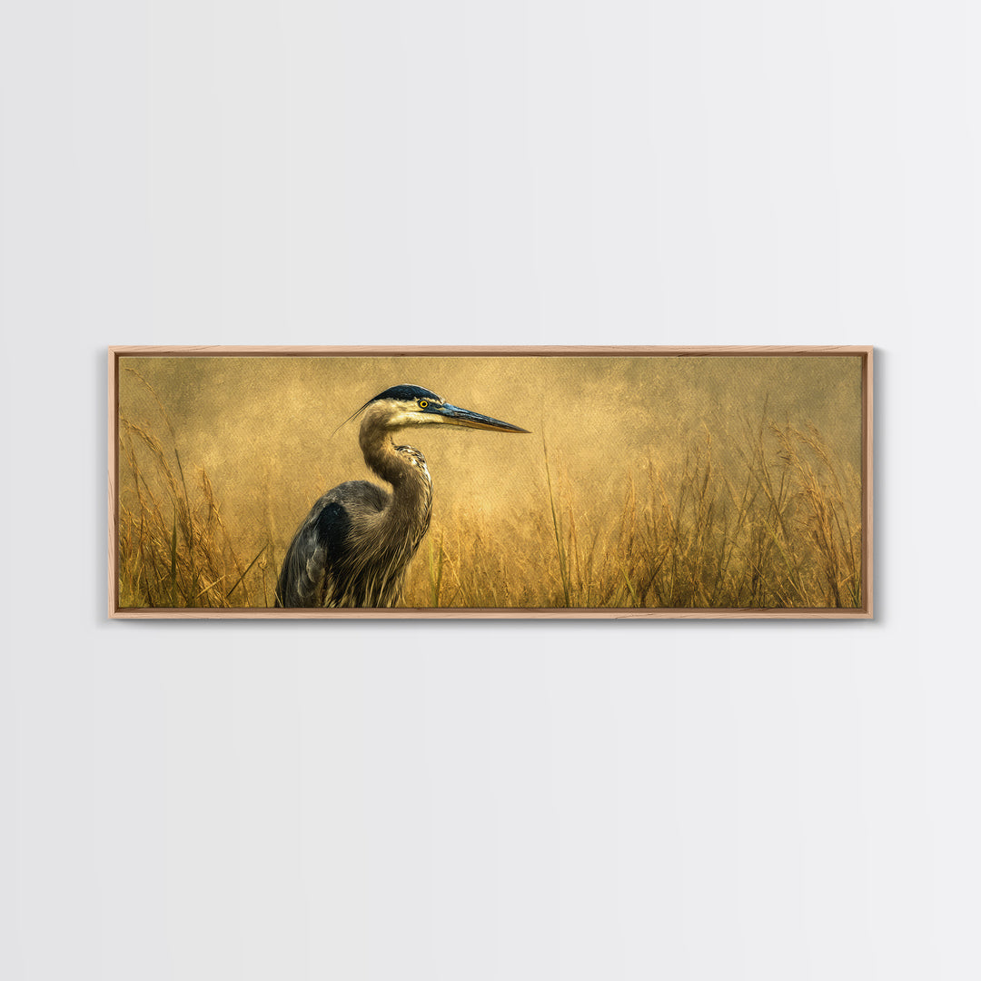 Blue Heron in Misty Marsh Grass Framed Canvas Print, Bird Art, Printable Art, Living Room Decor, Flight, Mid Century Wall Art, BIR-3x1-18
