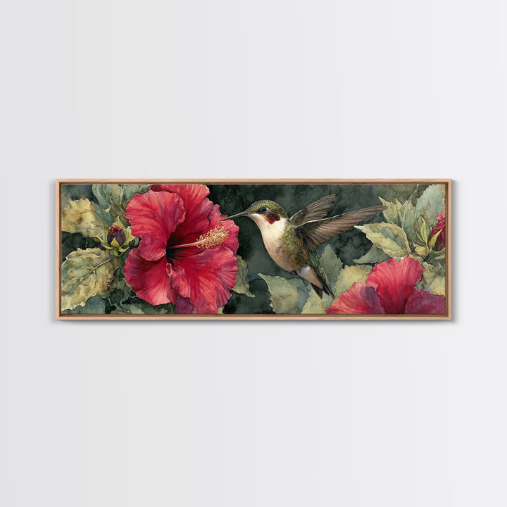 Hummingbird Hovering Beside Bright Hibiscus Canvas Print, Bird Art, Bird Wall Art, Living Room Decor, Fine Art, Flight, BIR-3x1-20