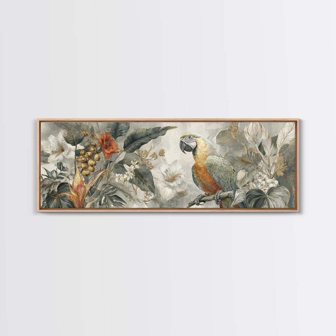 Parrot Among Tropical Leaves and Fruit Canvas Print, Bird Art, Boho Wall Decor, Living Room Decor, Oil Painting, Flight, BIR-3x1-29