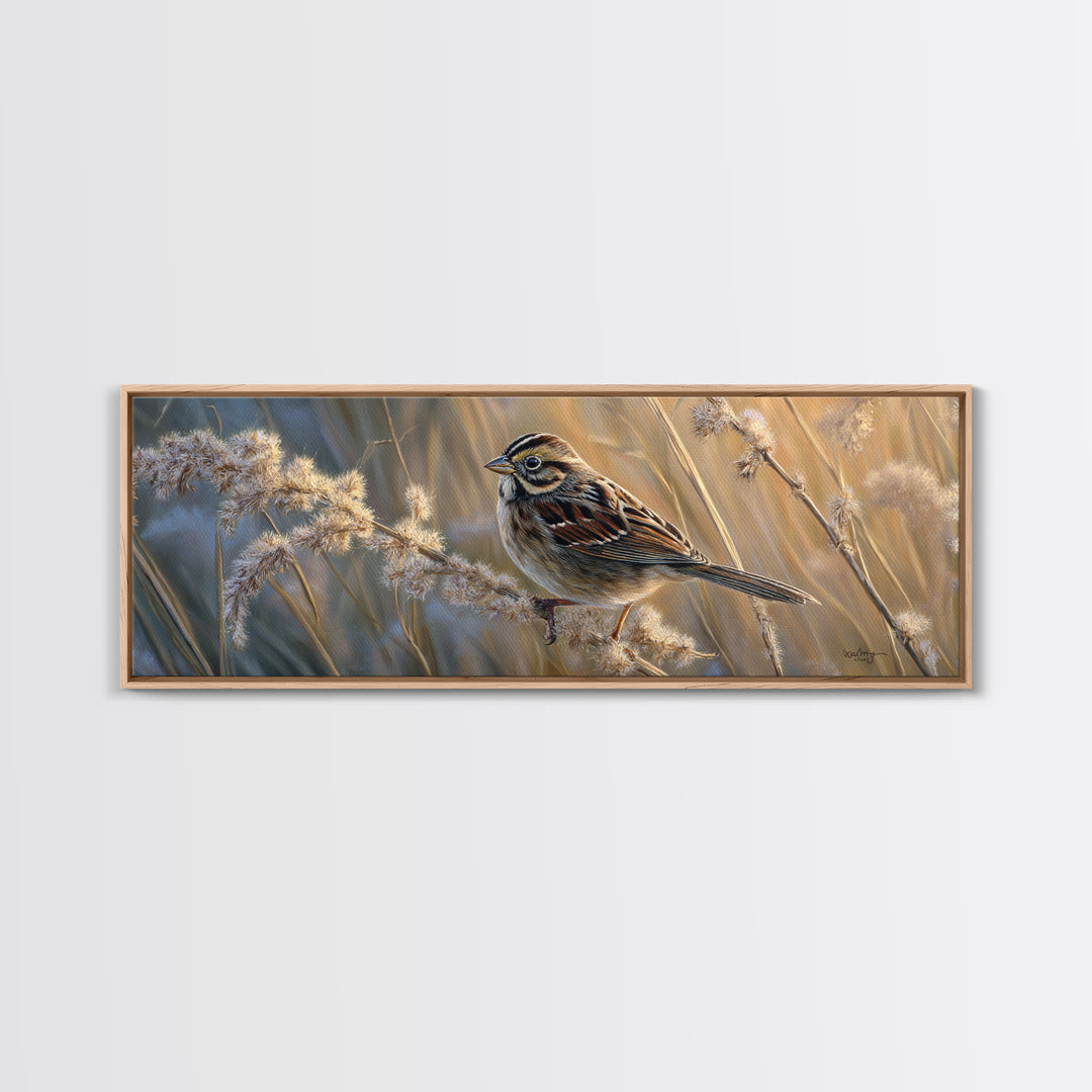 Small Sparrow on Wildflower Stem Canvas Print, Bird Art, Wall Art, Living Room Decor, Watercolor Art, Flight, Japanese Wall Art, BIR-3x1-30