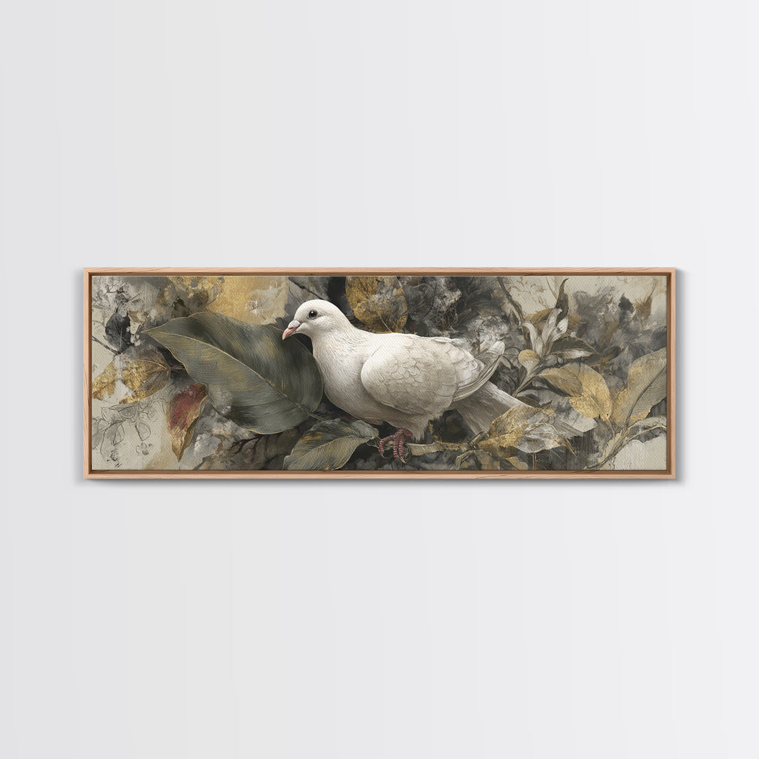 White Dove with Olive Branch and Calm Framed Canvas Print, Bird Art, Floral Art, Living Room Decor, Fine Art, Flight, BIR-3x1-32