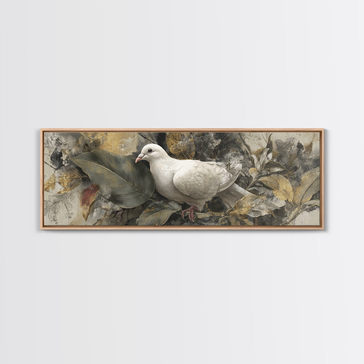 White Dove with Olive Branch and Calm Framed Canvas Print, Bird Art, Floral Art, Living Room Decor, Fine Art, Flight, BIR-3x1-32