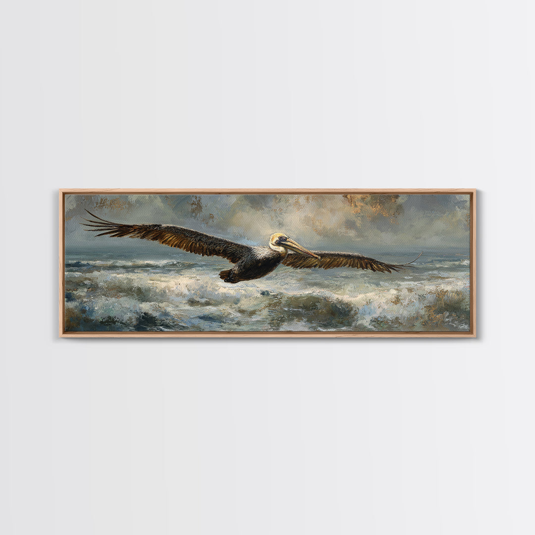 Pelican Flying over Coastal Waves Canvas Print, Bird Art, Original Art, Living Room Decor, Abstract Art, Flight, Mcm Decor, BIR-3x1-34