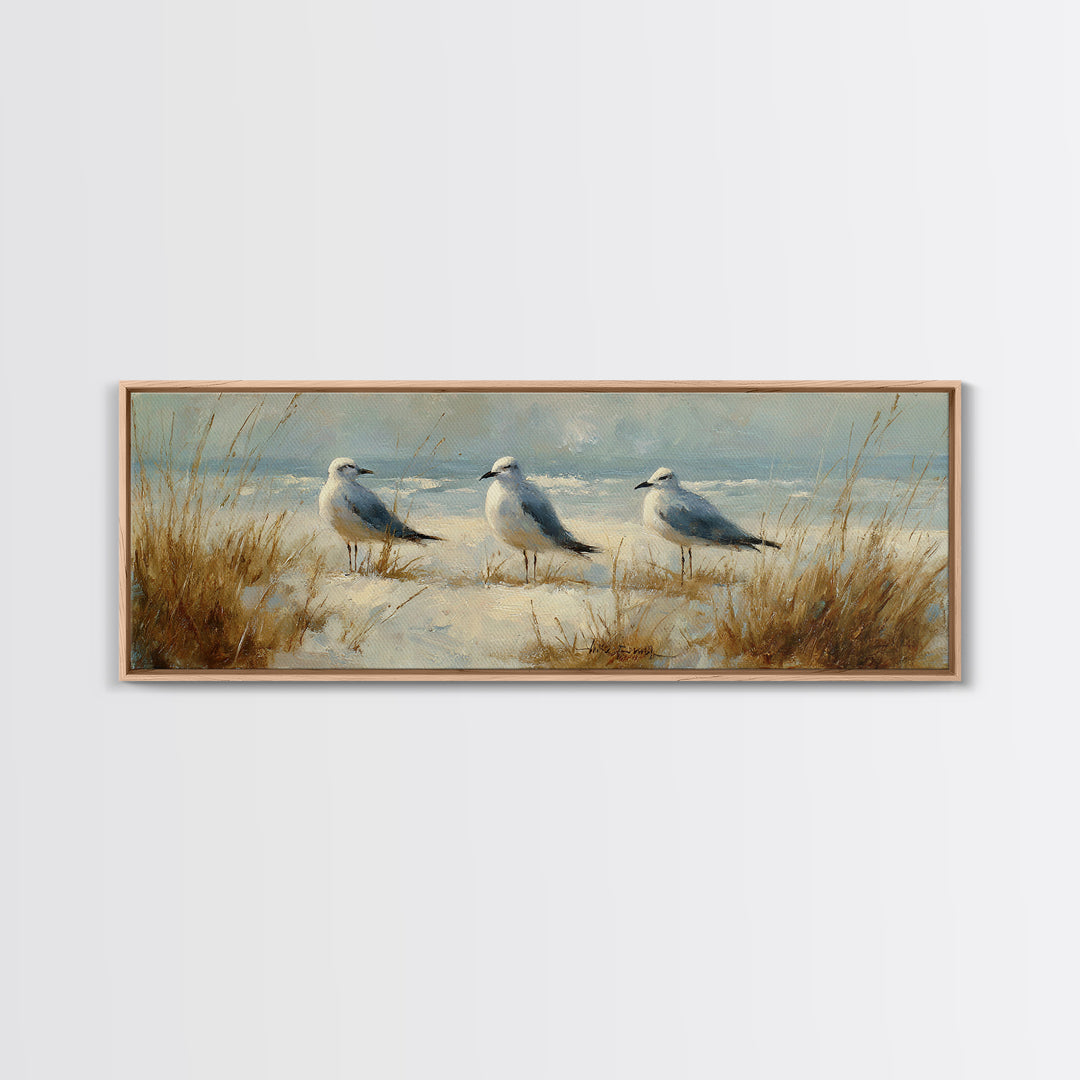 Seagulls Above a Pale Beach Horizon Canvas Print, Bird Art, Forest Wall Art, Living Room Decor, Flight, Minimalist Decor, BIR-3x1-36