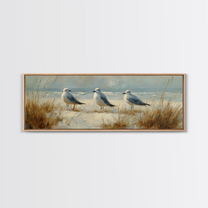 Seagulls Above a Pale Beach Horizon Canvas Print, Bird Art, Forest Wall Art, Living Room Decor, Flight, Minimalist Decor, BIR-3x1-36