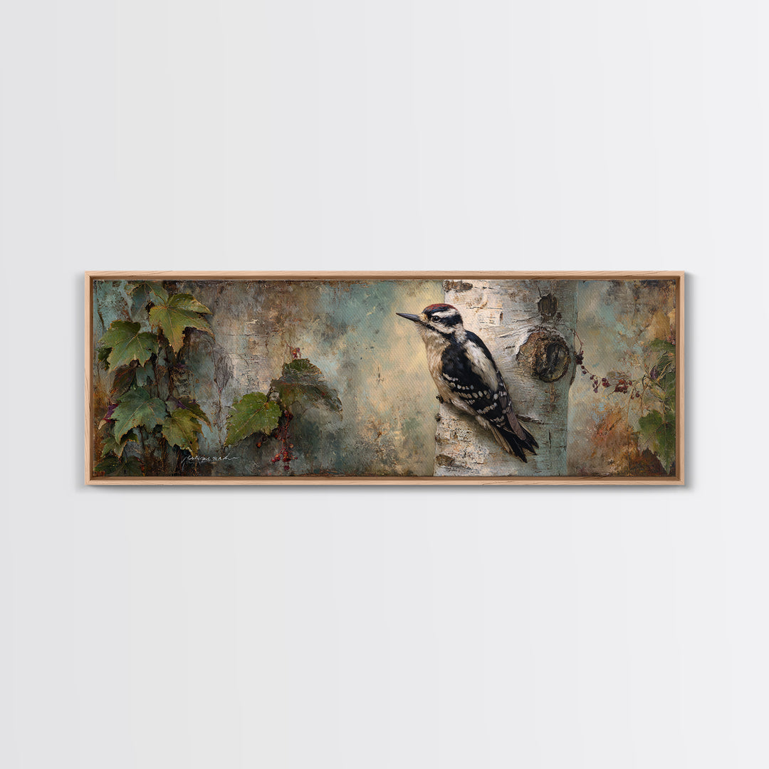 Woodpecker on Birch Bark Texture Framed Canvas Print, Bird Art, Modern Art, Living Room Decor, Watercolor Art, Flight, BIR-3x1-37