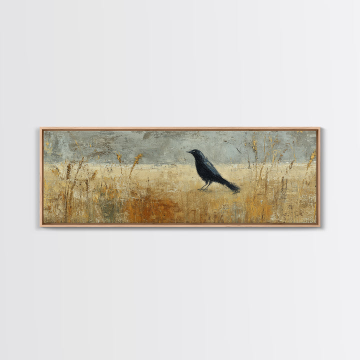 Blackbird on Gold Wheat Field Canvas Print, Bird Art, Gallery Decor, Living Room Decor, Fine Art, Flight, Contemporary Art, BIR-3x1-40