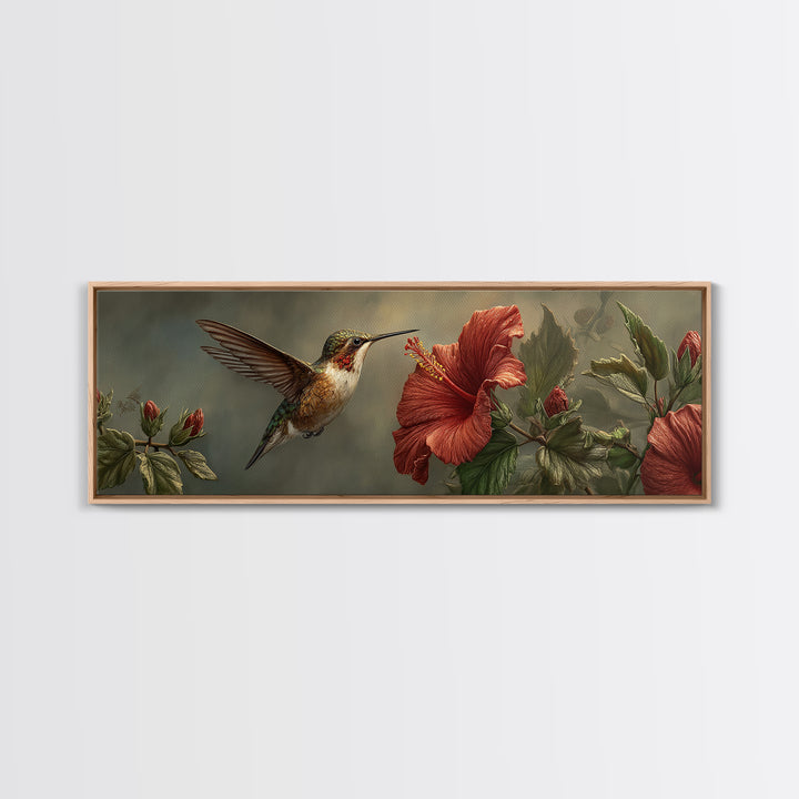 Hummingbird Hovering Beside Bright Hibiscus Framed Canvas Print, Bird Art, Neutral Decor, Living Room Decor, Fine Art, Flight, BIR-3x1-44