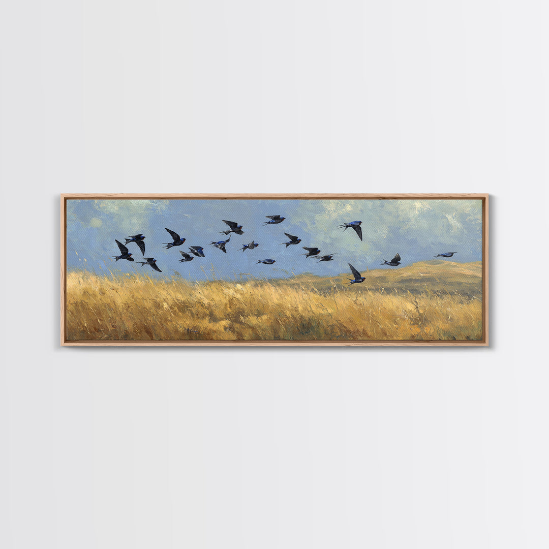 Flock of Swallows Sweeping Across Open Sky Canvas Print, Bird Art, Living Room Decor, Fine Art, Flight, Rustic Home Decor, BIR-3x1-46
