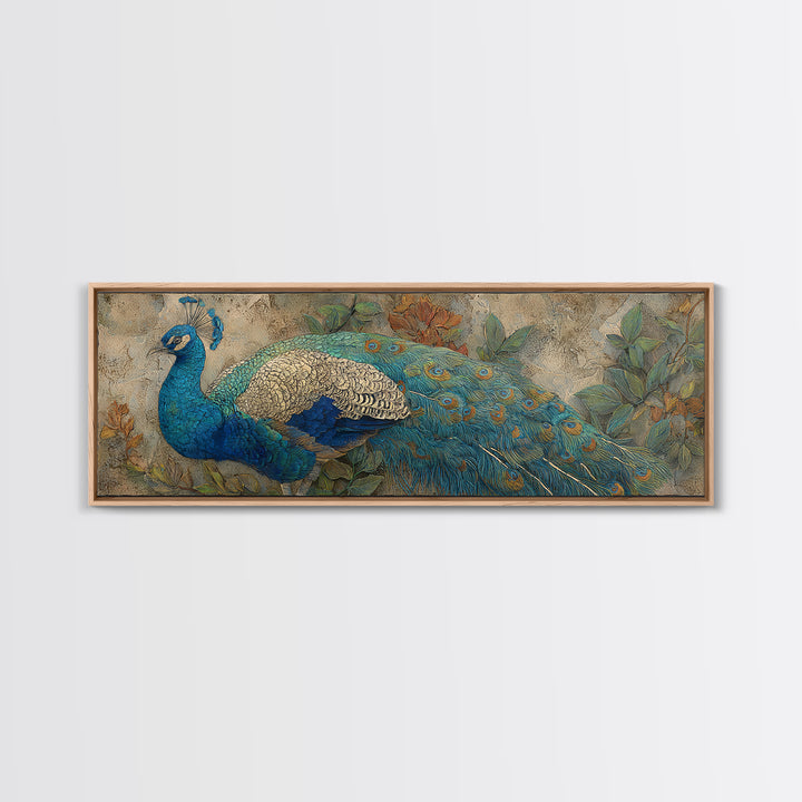 Peacock with Jewel Tone Feather Pattern Framed Canvas Print, Bird Art, Digital Prints, Living Room Decor, Oil Painting, Flight, BIR-3x1-47