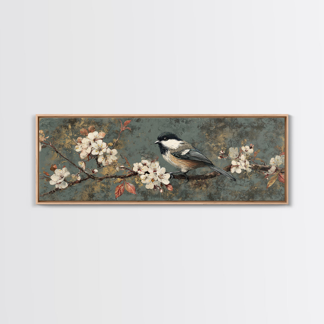 Songbird Perched on Cherry Blossoms Canvas Print, Bird Art, Art Print, Living Room Decor, Fine Art, Flight, Original Art, BIR-3x1-48