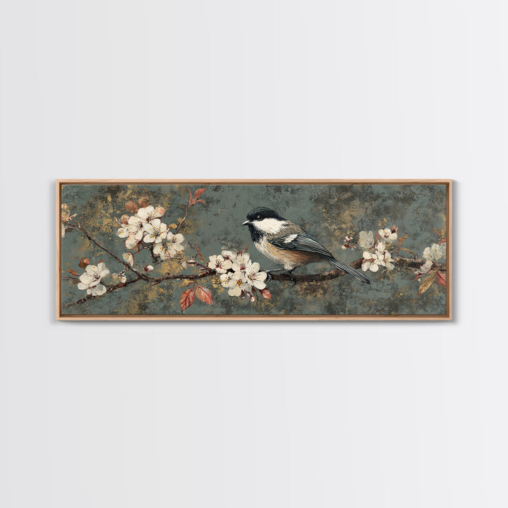 Songbird Perched on Cherry Blossoms Canvas Print, Bird Art, Art Print, Living Room Decor, Fine Art, Flight, Original Art, BIR-3x1-48