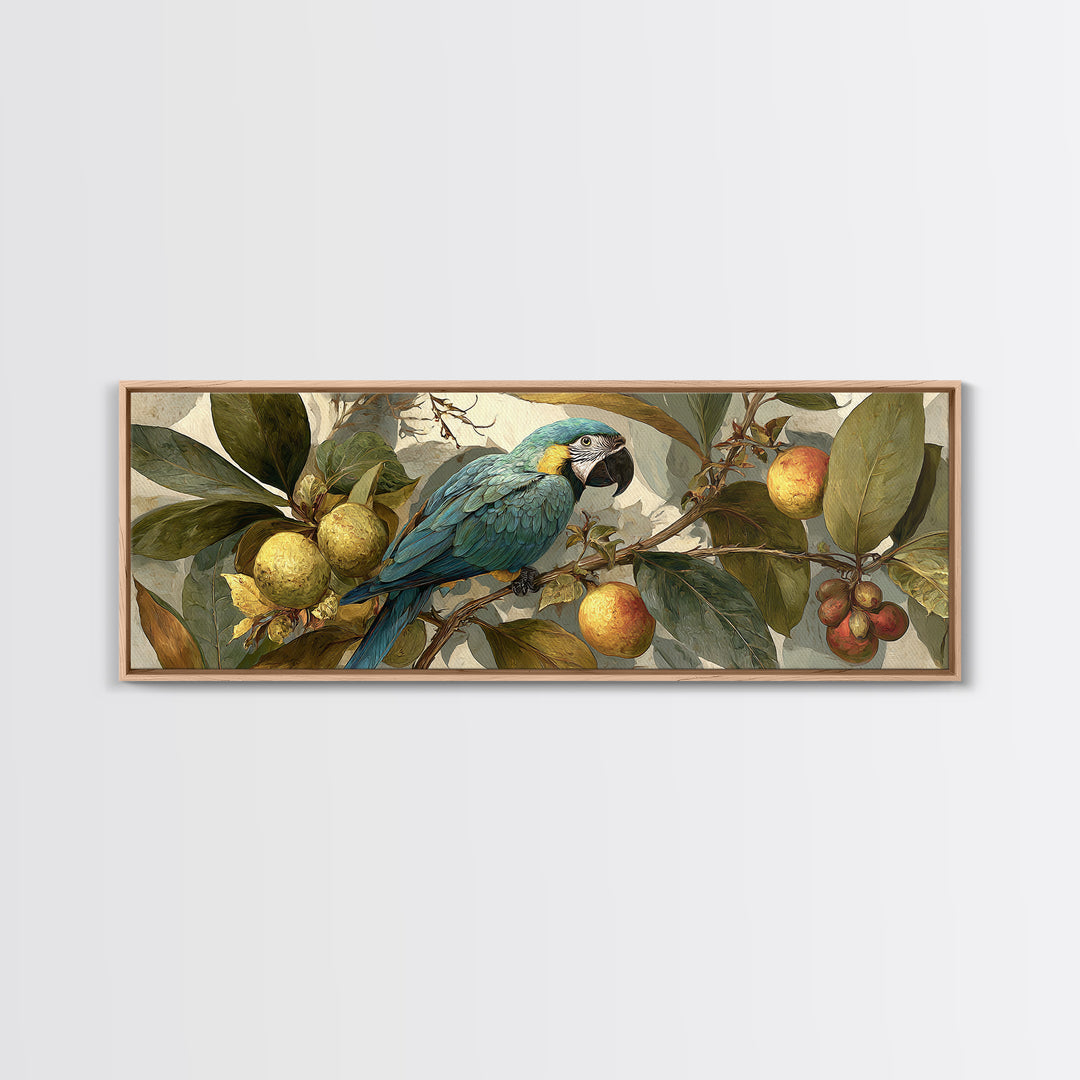 Parrot Among Tropical Leaves and Fruit Framed Canvas Print, Bird Art, Bird Prints, Living Room Decor, Fine Art, Flight, BIR-3x1-53