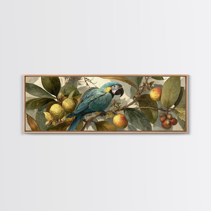 Parrot Among Tropical Leaves and Fruit Framed Canvas Print, Bird Art, Bird Prints, Living Room Decor, Fine Art, Flight, BIR-3x1-53