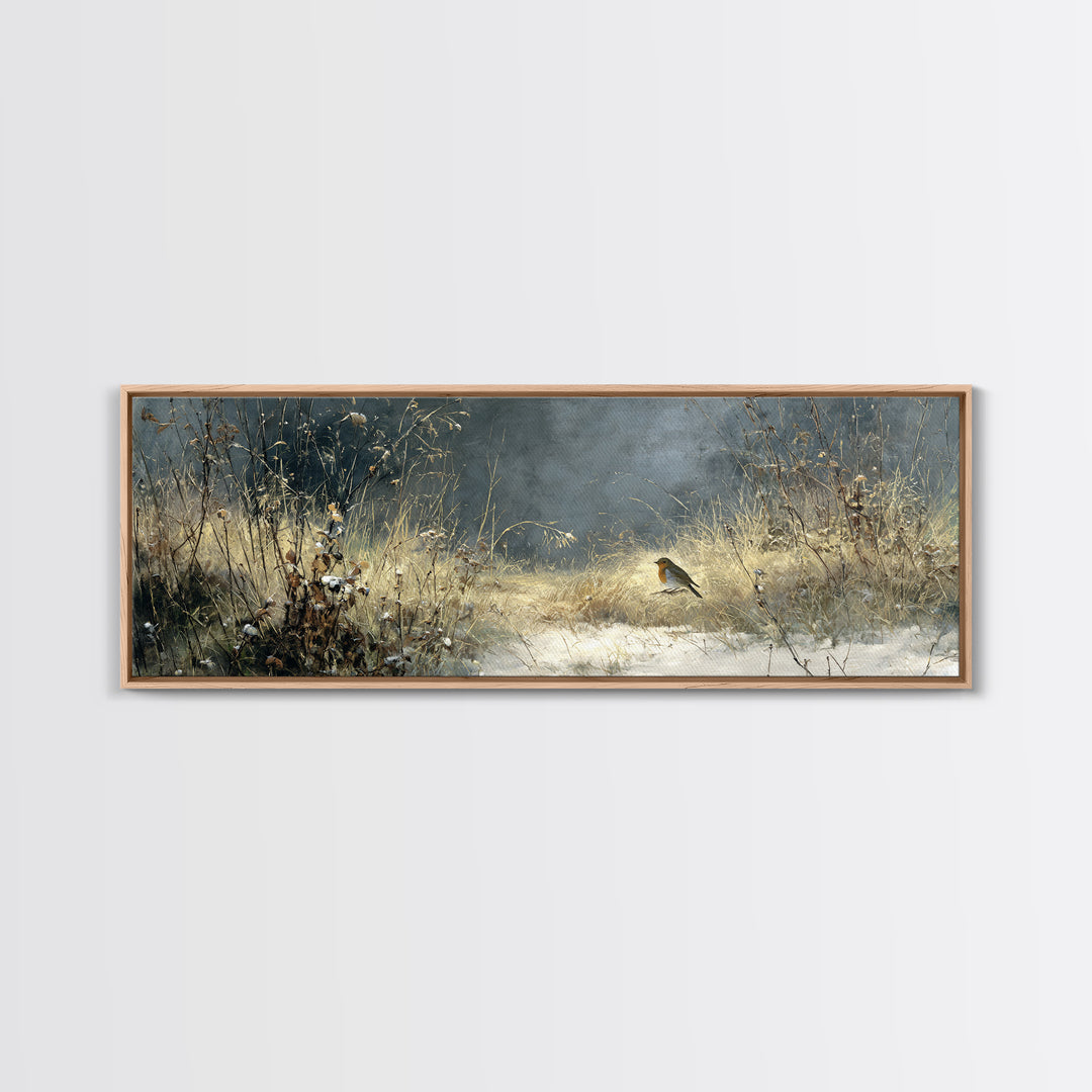 Robin in a Spring Garden with Soft Framed Canvas Print, Bird Art, Contemporary Art, Living Room Decor, Oil Painting, Flight, BIR-3x1-55