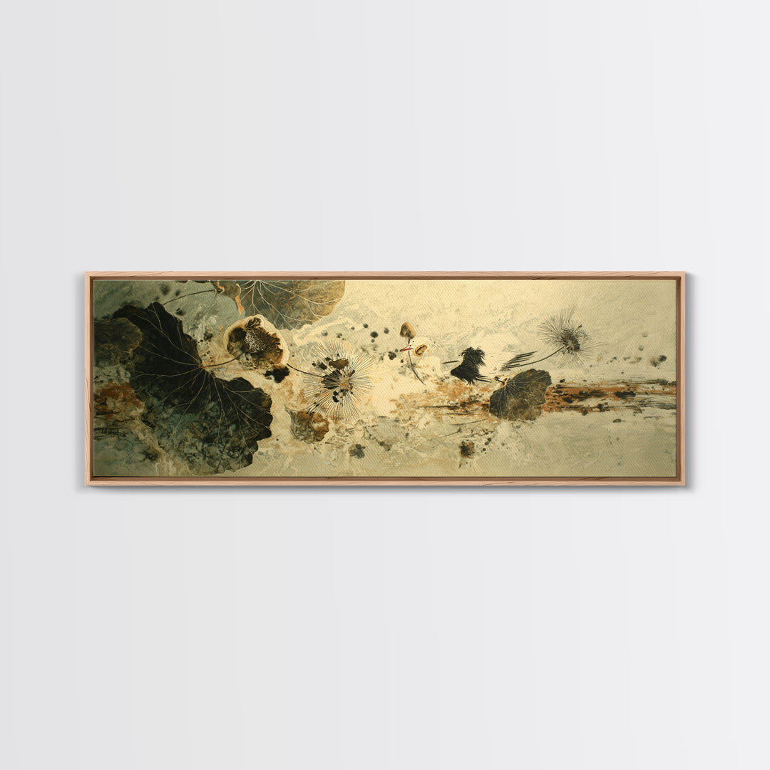 Crane and Lotus Composition Framed Canvas Print, Bird Art, Mid Century Wall Art, Living Room Decor, Fine Art, Flight, BIR-3x1-57