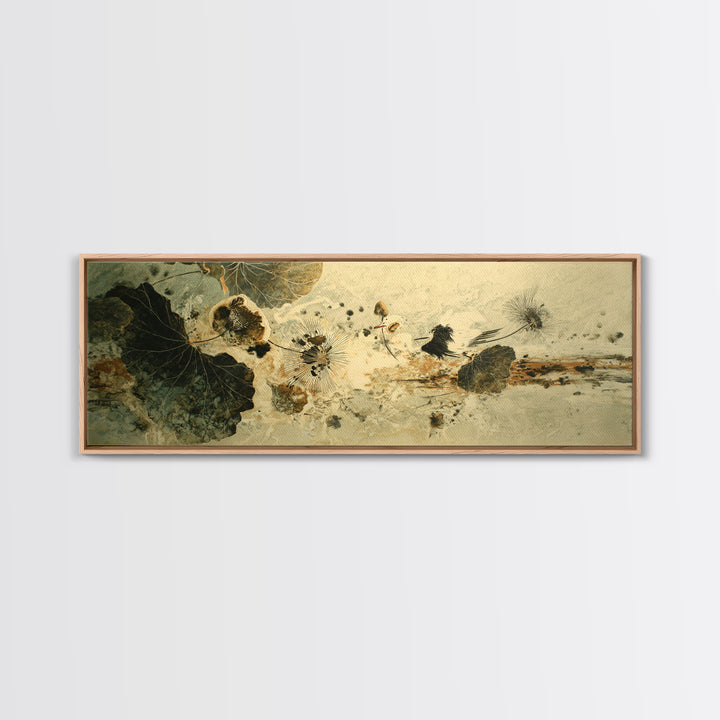 Crane and Lotus Composition Framed Canvas Print, Bird Art, Mid Century Wall Art, Living Room Decor, Fine Art, Flight, BIR-3x1-57