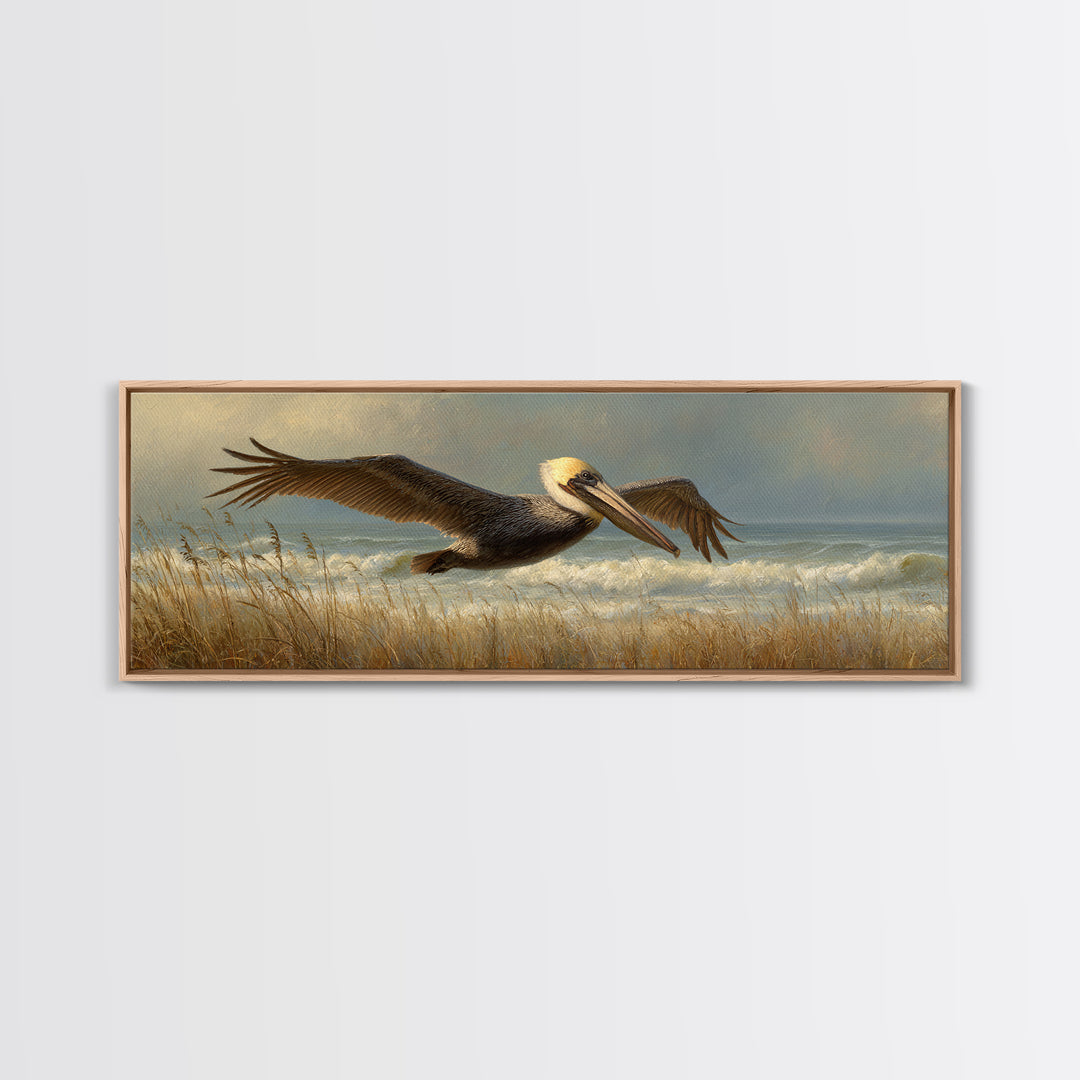 Pelican Flying over Coastal Waves Framed Canvas Print, Bird Art, Japanese Wall Art, Living Room Decor, Fine Art, Flight, BIR-3x1-58