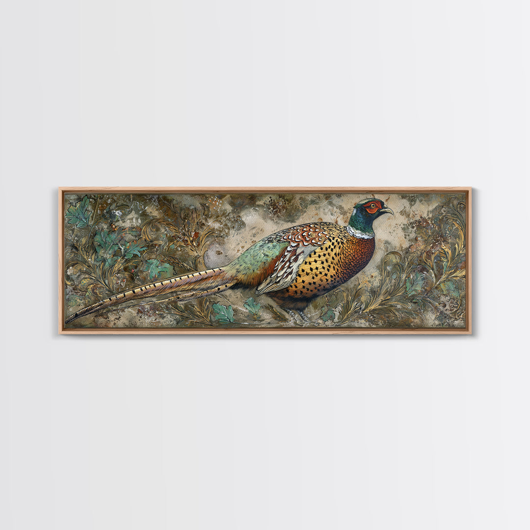 Pheasant with Ornate Feather Details Framed Canvas Print, Bird Art, Wall Art, Living Room Decor, Flight, Japanese Wall Art, BIR-3x1-59