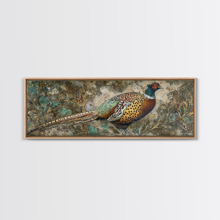 Pheasant with Ornate Feather Details Framed Canvas Print, Bird Art, Wall Art, Living Room Decor, Flight, Japanese Wall Art, BIR-3x1-59