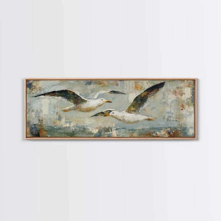 Seagulls Above a Pale Beach Horizon Framed Canvas Print, Bird Art, Boho Decor, Living Room Decor, Oil Painting, Flight, BIR-3x1-60