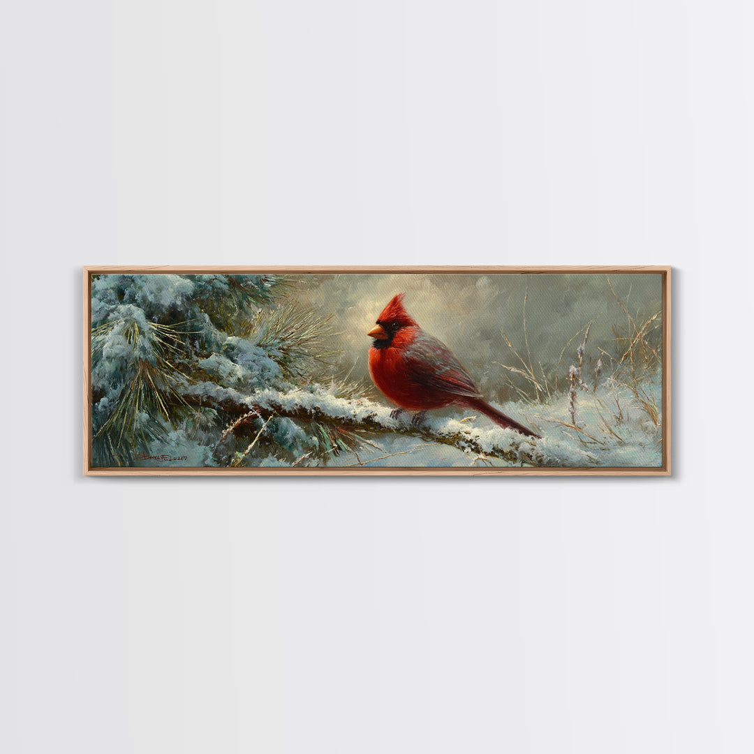 Red Cardinal on Snowy Pine Branch Canvas Print, Bird Art, Nature Prints, Living Room Decor, Fine Art, Flight, Boho Decor, BIR-3x1-65