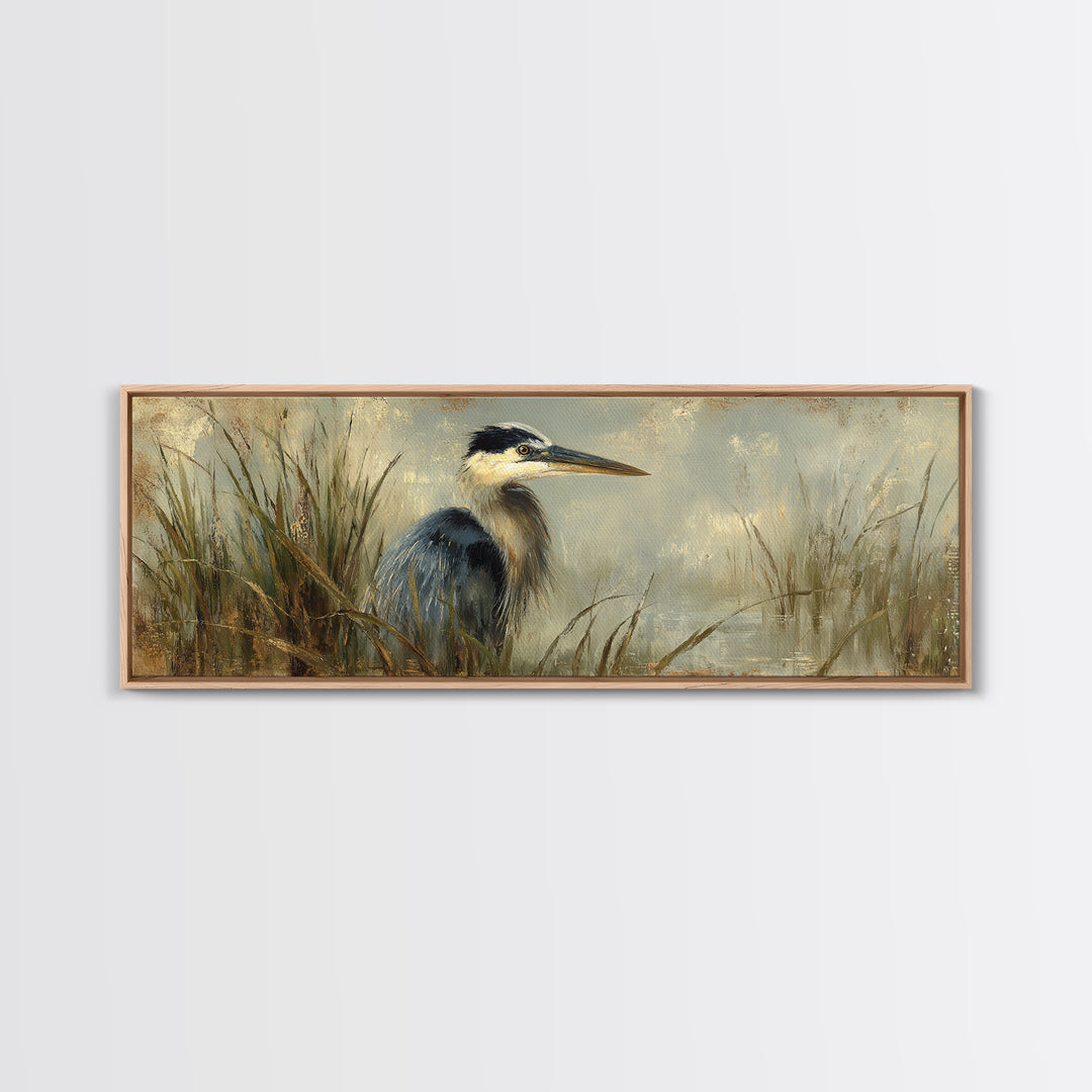 Blue Heron in Misty Marsh Grass Canvas Print, Bird Art, Boho Wall Decor, Living Room Decor, Fine Art, Flight, Nature Wall Art, BIR-3x1-66