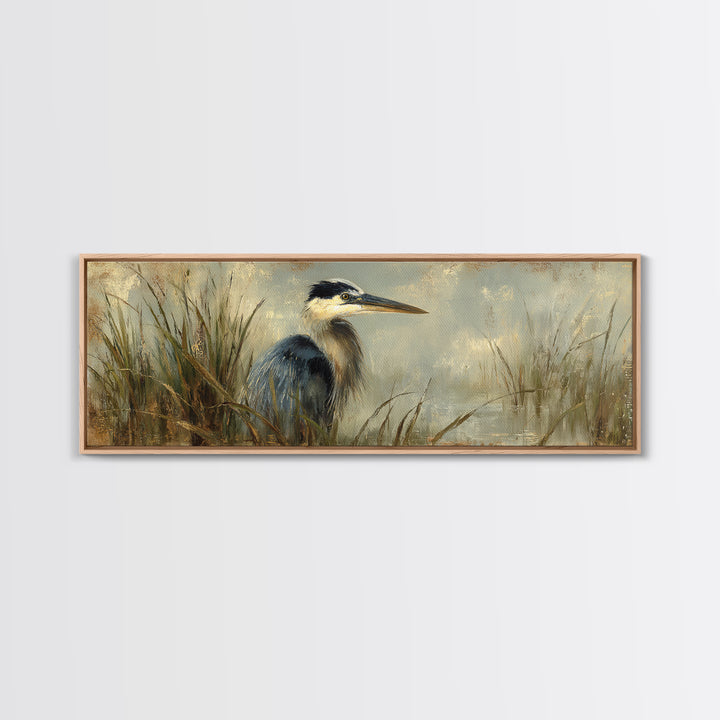 Blue Heron in Misty Marsh Grass Canvas Print, Bird Art, Boho Wall Decor, Living Room Decor, Fine Art, Flight, Nature Wall Art, BIR-3x1-66