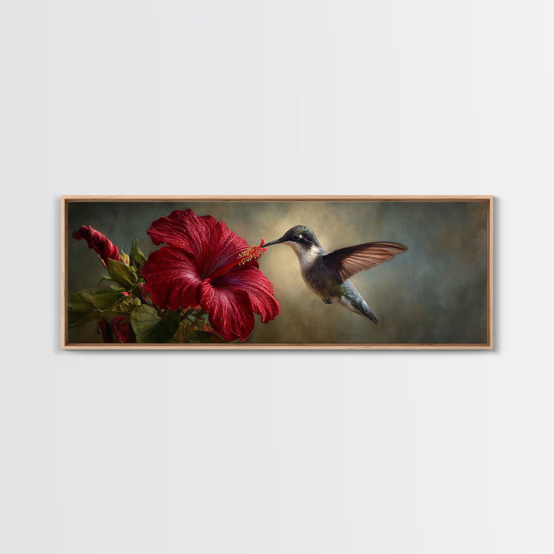 Hummingbird Hovering Beside Bright Hibiscus Framed Canvas Print, Bird Art, Living Room Decor, Watercolor Art, Flight, BIR-3x1-68