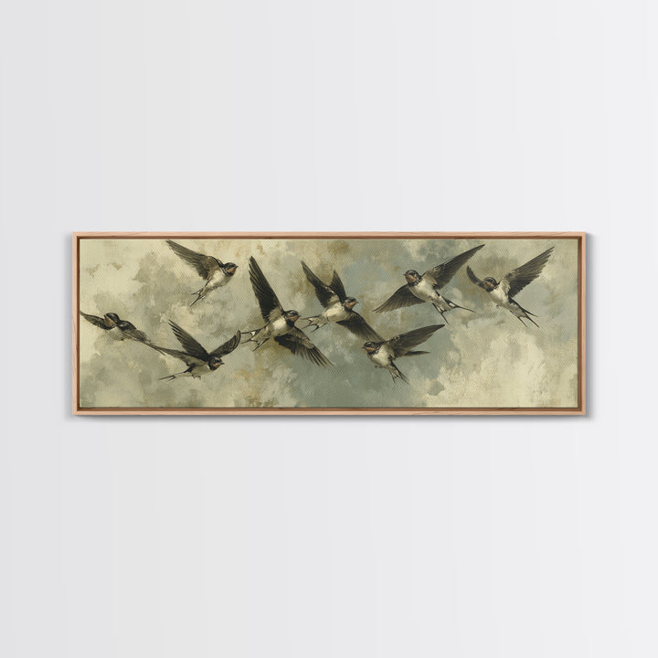 Flock of Swallows Sweeping Across Open Sky Canvas Print, Bird Art, Art Print, Living Room Decor, Oil Painting, Flight, BIR-3x1-70