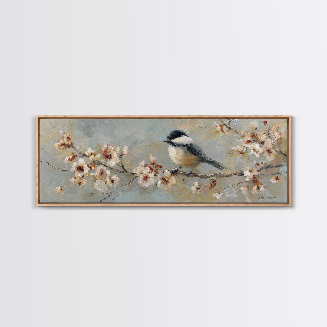Songbird Perched on Cherry Blossoms Framed Canvas Print, Bird Art, Wall Art, Living Room Decor, Flight, Japanese Wall Art, BIR-3x1-72
