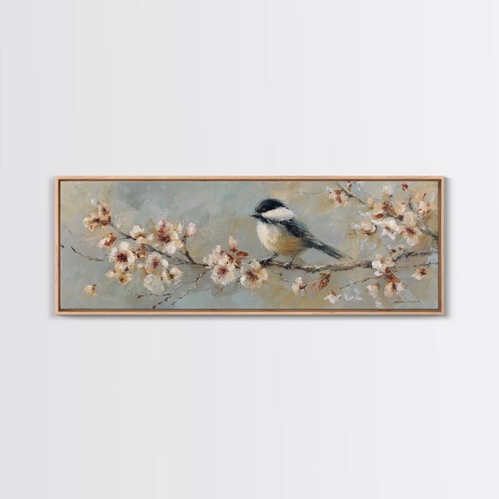 Songbird Perched on Cherry Blossoms Framed Canvas Print, Bird Art, Wall Art, Living Room Decor, Flight, Japanese Wall Art, BIR-3x1-72