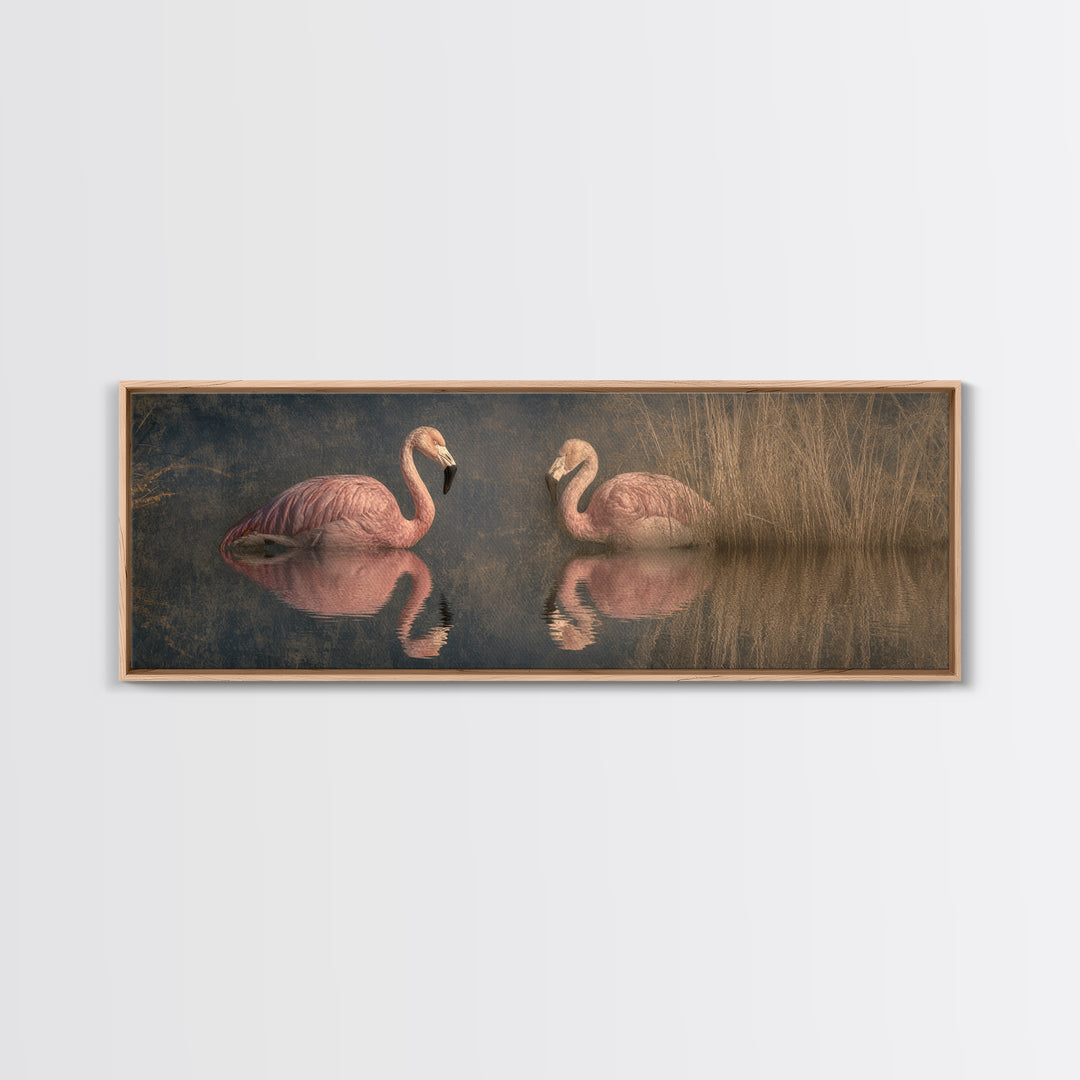 Flamingo Pair in Coral Water Reflections Framed Canvas Print, Bird Art, Modern Art, Living Room Decor, Oil Painting, Flight, BIR-3x1-74