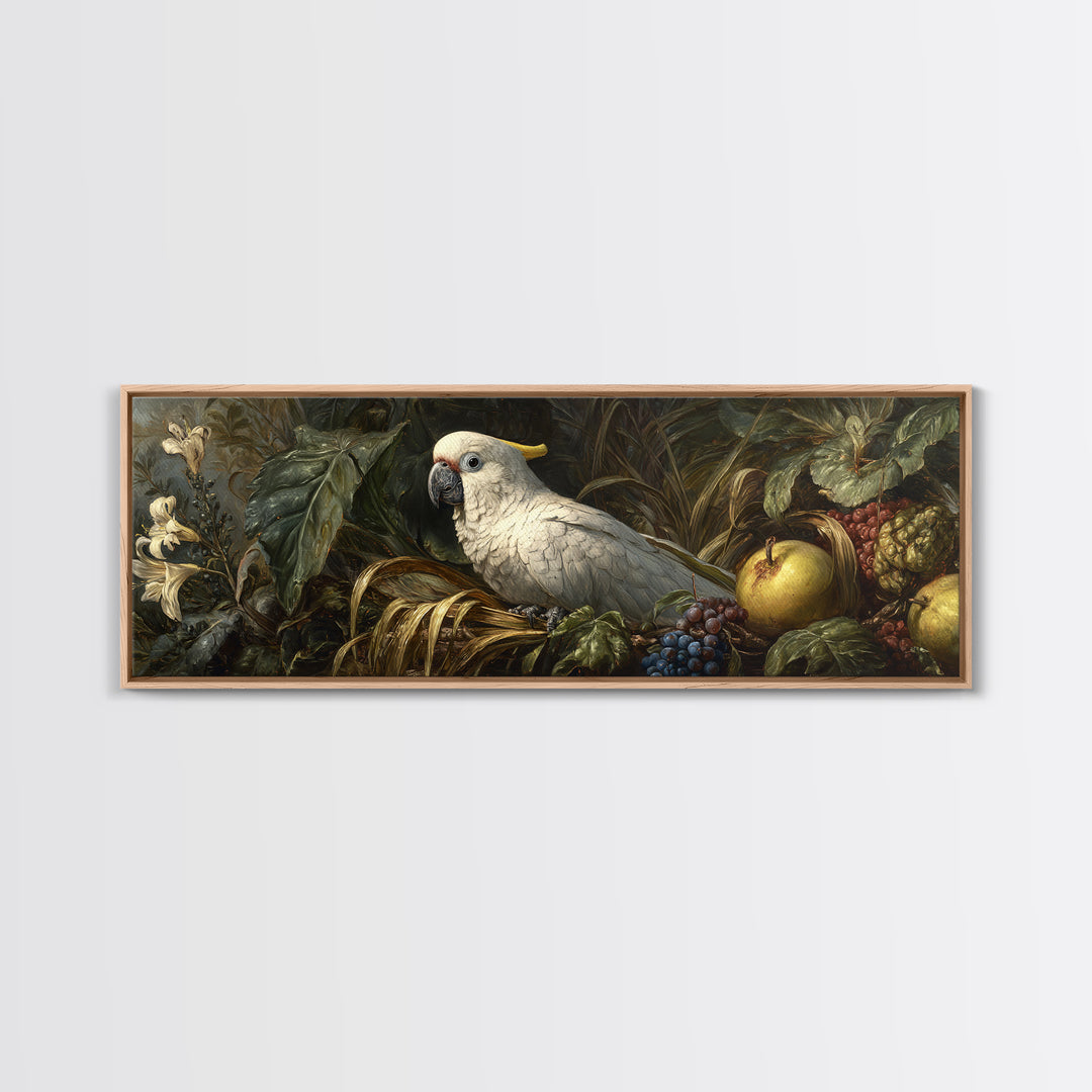 Parrot Among Tropical Leaves and Fruit Framed Canvas Print, Bird Art, Bird Prints, Living Room Decor, Fine Art, Flight, BIR-3x1-77
