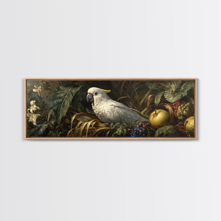 Parrot Among Tropical Leaves and Fruit Framed Canvas Print, Bird Art, Bird Prints, Living Room Decor, Fine Art, Flight, BIR-3x1-77