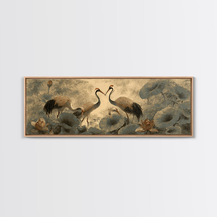 Crane and Lotus Composition Framed Canvas Print, Bird Art, Mid Century Wall Art, Living Room Decor, Fine Art, Flight, BIR-3x1-81