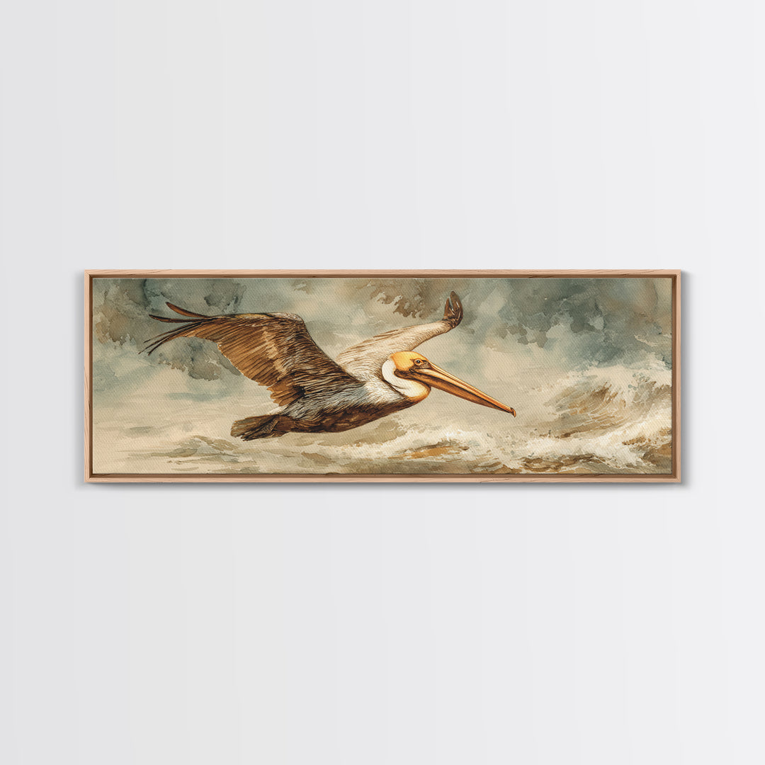 Pelican Flying over Coastal Waves Framed Canvas Print, Bird Art, Japanese Wall Art, Living Room Decor, Fine Art, Flight, BIR-3x1-82