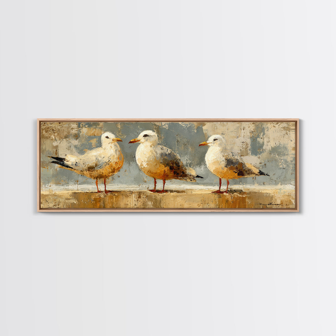 Seagulls Above a Pale Beach Horizon Framed Canvas Print, Bird Art, Digital Prints, Living Room Decor, Fine Art, Flight, BIR-3x1-84