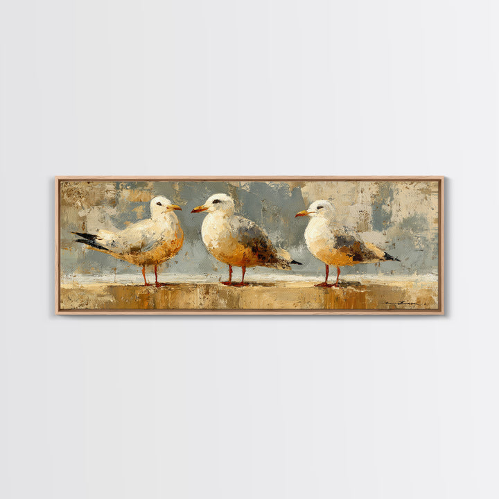 Seagulls Above a Pale Beach Horizon Framed Canvas Print, Bird Art, Digital Prints, Living Room Decor, Fine Art, Flight, BIR-3x1-84