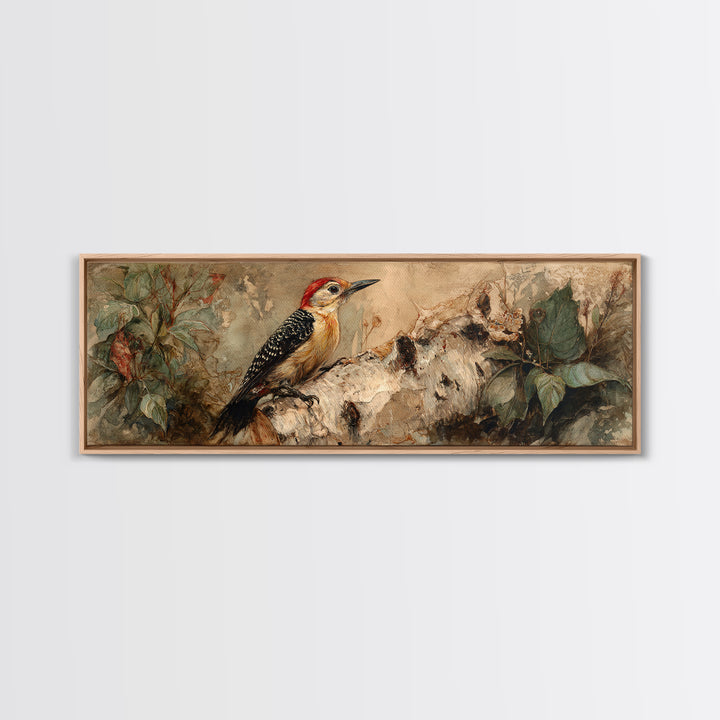 Woodpecker on Birch Bark Texture Canvas Print, Bird Art, Digital Download Art, Living Room Decor, Oil Painting, Flight, BIR-3x1-85
