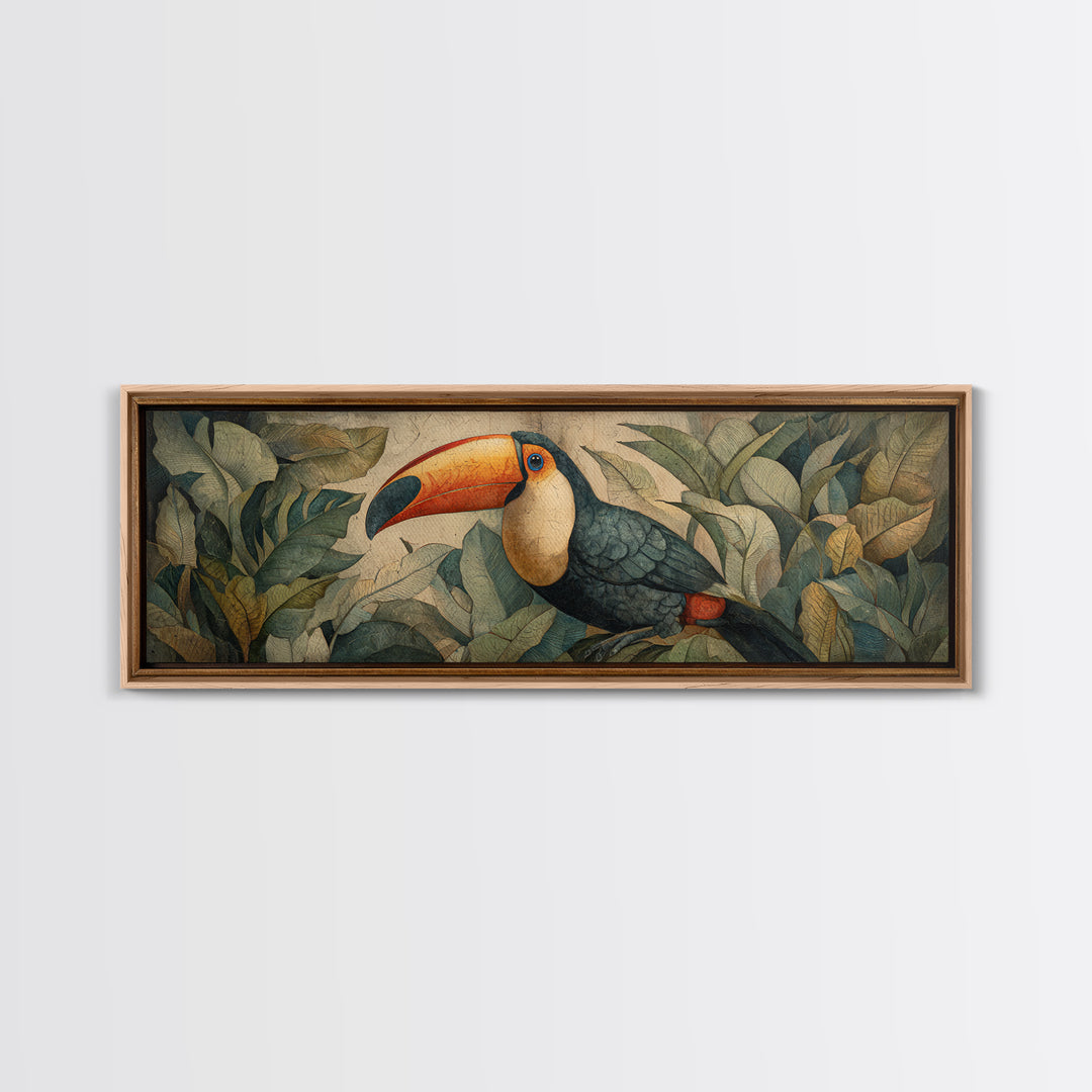 Toucan Framed by Bold Jungle Foliage Framed Canvas Print, Bird Art, Original Art, Living Room Decor, Fine Art, Flight, BIR-3x1-87