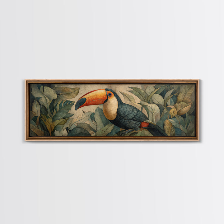 Toucan Framed by Bold Jungle Foliage Framed Canvas Print, Bird Art, Original Art, Living Room Decor, Fine Art, Flight, BIR-3x1-87