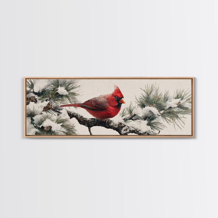Red Cardinal on Snowy Pine Branch Framed Canvas Print, Bird Art, Floral Art, Living Room Decor, Fine Art, Flight, BIR-3x1-89