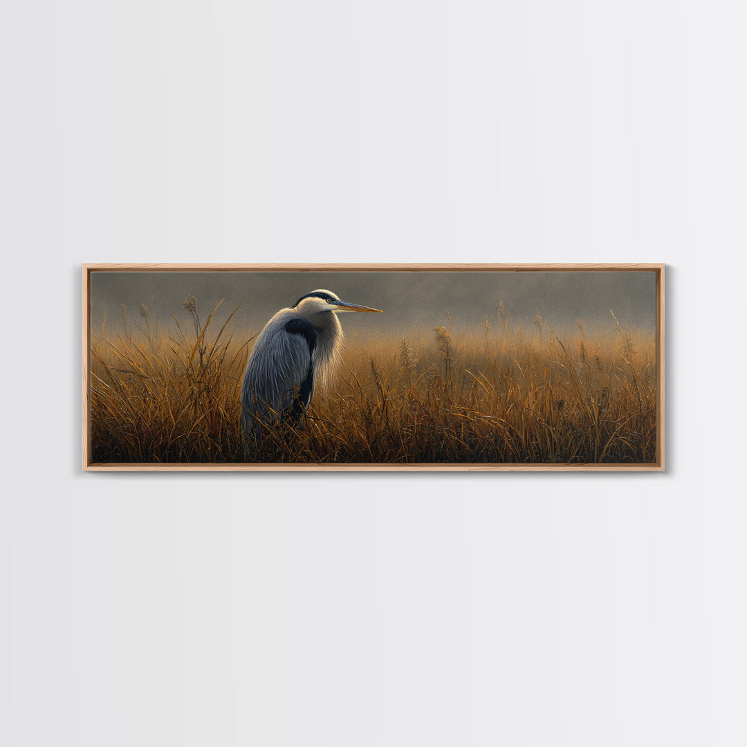 Blue Heron in Misty Marsh Grass Framed Canvas Print, Bird Art, Bird Prints, Living Room Decor, Fine Art, Flight, Modern Decor, BIR-3x1-90