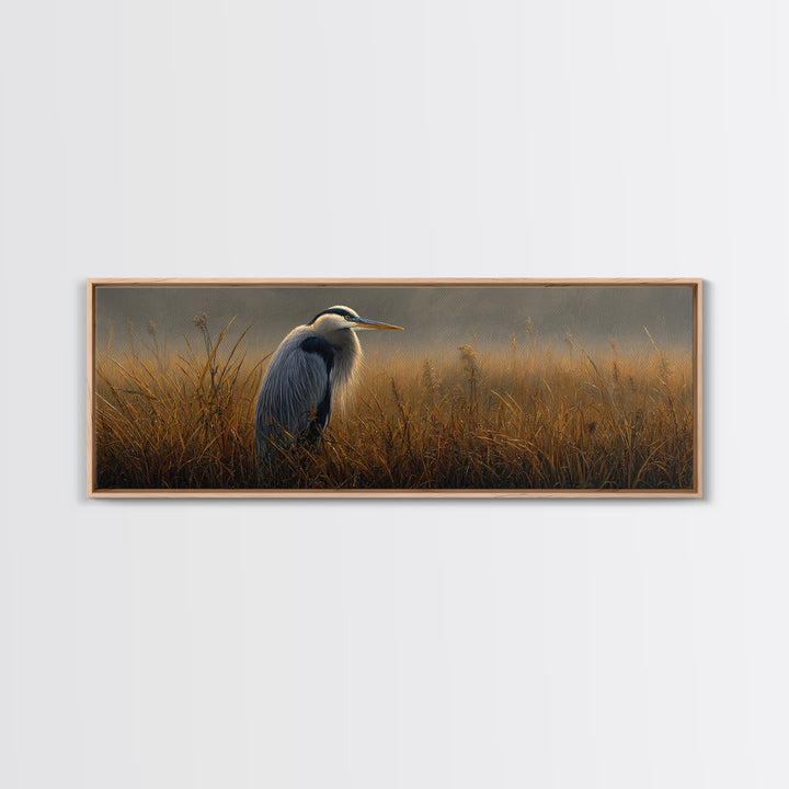Blue Heron in Misty Marsh Grass Framed Canvas Print, Bird Art, Bird Prints, Living Room Decor, Fine Art, Flight, Modern Decor, BIR-3x1-90