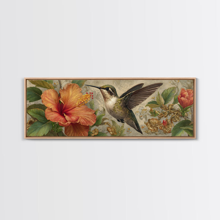Hummingbird Hovering Beside Bright Hibiscus Canvas Print, Bird Art, Mid Century Modern, Living Room Decor, Oil Painting, Flight, BIR-3x1-92