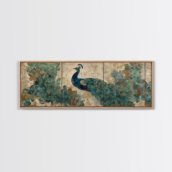 Peacock with Jewel Tone Feather Pattern Canvas Print, Bird Art, Textured Painting, Living Room Decor, Oil Painting, Flight, BIR-3x1-95