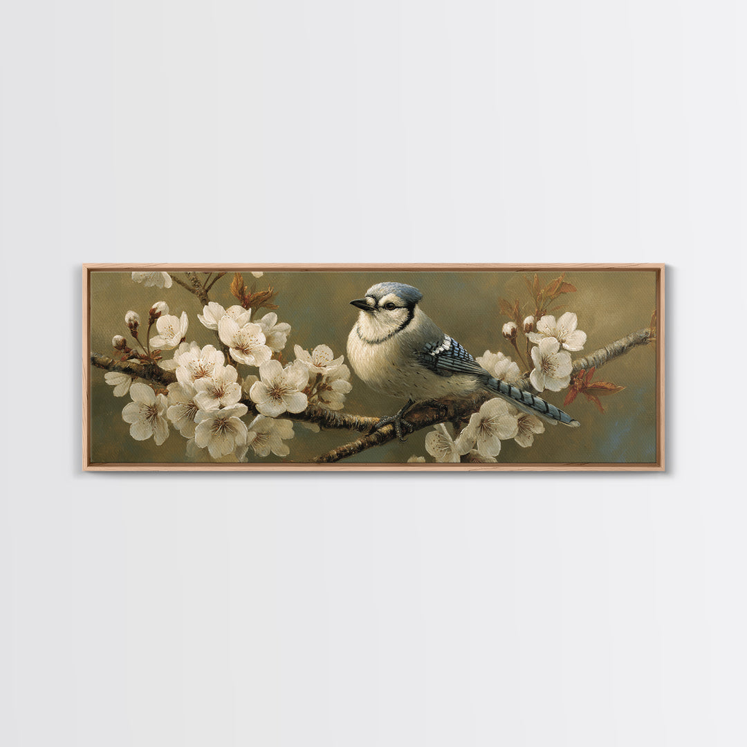 Songbird Perched on Cherry Blossoms Canvas Print, Bird Art, Neutral Decor, Living Room Decor, Fine Art, Flight, Wall Art, BIR-3x1-96