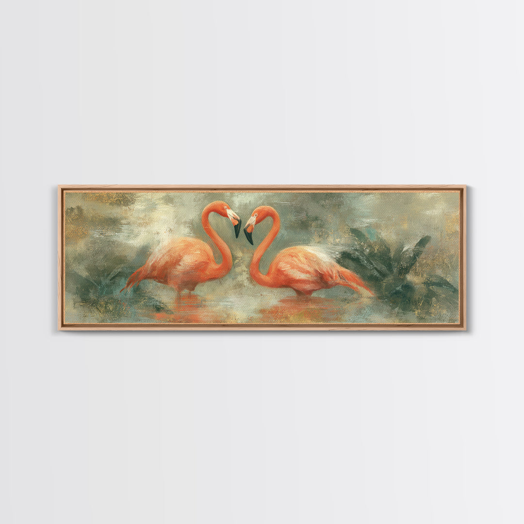 Flamingo Pair in Coral Water Reflections Canvas Print, Bird Art, Digital Download Art, Living Room Decor, Fine Art, Flight, BIR-3x1-98