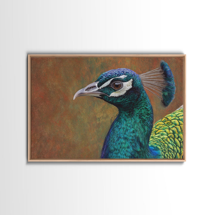 Peacock with Jewel Tone Feather Pattern Canvas Print, Bird Art, Mid Century Wall Art, Living Room Decor, Fine Art, Flight, BIR-3x2-11